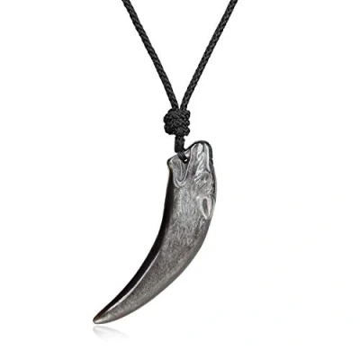 Abbildung von COAI Geschenkideen Glückskette aus Obsidian Silber Wolf Gravur Wolfszahn Anhänger halsketten für Herren