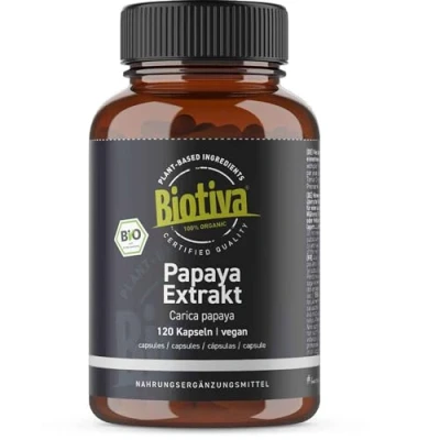 Abbildung von Papaya Extrakt 120 Kapseln Bio hochdosiert Proteolytische Aktivität Pflanzenextrakt abgefüllt und kontrolliert in Deutschland Biotiva