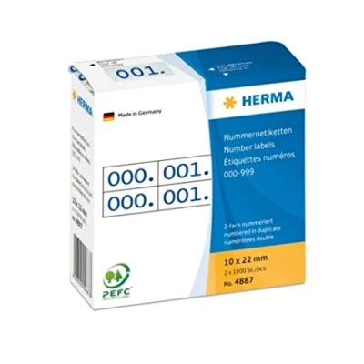 Abbildung von HERMA 4887 Nummernetiketten Zahlen 0 999, doppelt, 2000 Stück, 22 x 10 mm, selbstklebend, matt, 2fach fortlaufende Papier Zahlenetiketten Anlagenummern in Spenderbox, blau bedruckt