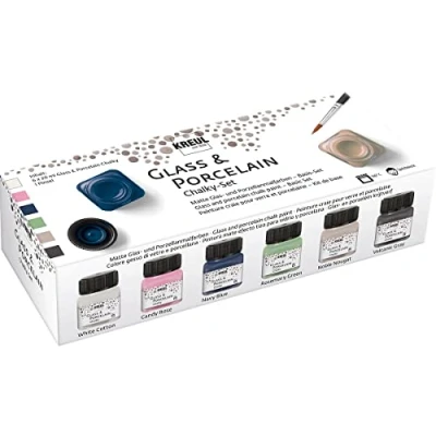 Abbildung von KREUL 16602 Glass &amp; Porcelain Set Chalky, 6 x 20 ml in weiß, rosa, blau, grün, braun und grau sowie ein Pinsel, sanft matte, deckende Glas Porzellanmalfarbe auf Wasserbasis