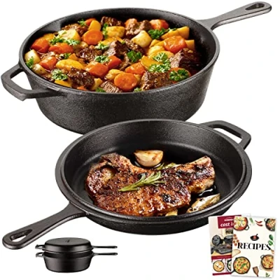 Abbildung von Overmont Gusseisen Topf Brot Backen Bräter mit Deckel Langem Griff 2in1 Cast Iron Pot Rezeptbuch einsatzfertig eingebrannt für Küche Camping Garten BBQ Gasgrill