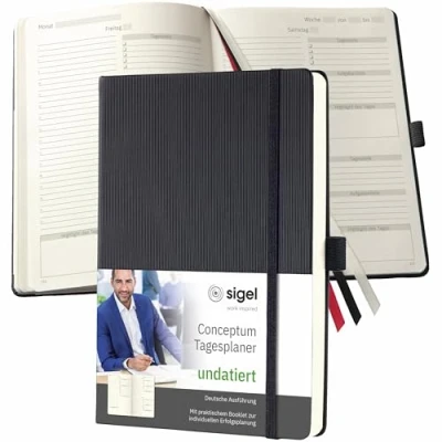 Abbildung von SIGEL CO705 Undatierter Tagesplaner mit 365 Tages Kalendarium, ca. A5, schwarz, Hardcover, für 1 Jahr, inkl. Erfolgsjournal, aus nachhaltigem Papier, Conceptum
