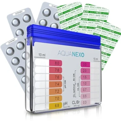 Abbildung von AQUANEXO Pool Tester pH und Chlor inkl. 60 Testtabletten, Pooltester, Wassertester, Schütteltester Tester, für Schwimmad, Planschbecken, Whirlpool