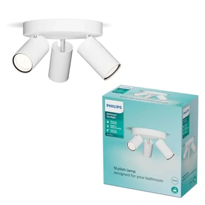 Abbildung von Philips Idris LED 3er Spotleuchte auf runder Platte, GU10 Lampe nicht enthalten, Weiß, IP44, wasserfest