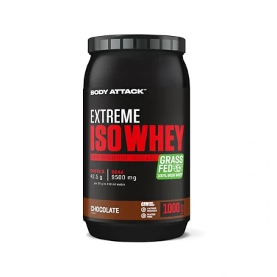 Abbildung von Body Attack Extreme Iso Whey Protein Pulver Chocolate, 1 kg Pulver, leicht löslich &amp; schnell verdaubares Isolate aus 100% irischer Weidemilch