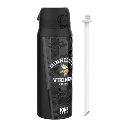 Abbildung von NFL Vikings Vakuumisolierte Edelstahl Trinkflasche, 750ml (24oz), Auslaufsicher, Einhandöffnung, Sichere Verriegelung, Spülmaschinenfest, Tragegriff, Langlebig, Ideal für Sport