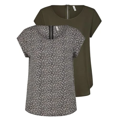 Abbildung von ONLY Damen Top ONLVIC 2er Pack Basic Shirt Rundhals Regular Fit Bluse Kurzarm Oberteil Reißverschluss Muster Sommer Schwarz 36, Größe:36, Farbe:Rosin (15284243)