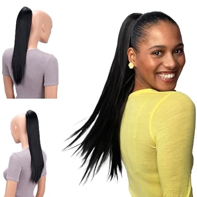 Abbildung von CAISHA 50cm Clip on Zopf Haarteil Pferdeschwanz Haarverlängerung Kunsthaar Glatt Schwarz H56
