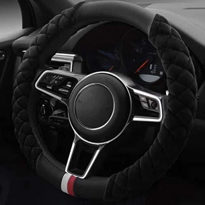 Abbildung von Auto Lenkradbezug Fall Winter Warm gestellten Plüsch weichem Waren Protector Universal Fell Rad Interior Accessoires schwarz