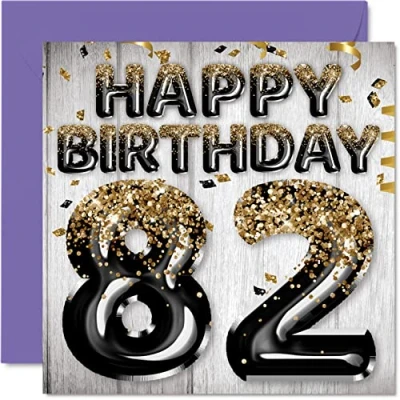 Abbildung von Geburtstagskarte zum 82. Geburtstag Männer schwarze und goldene Glitzerballons Happy Karten 82 Jahre alten Mann Papa Great Grandad Grandpa Gran 145 mm 80 Sekunden Geburtstagskarten Geschenk