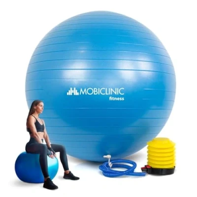 Abbildung von Mobiclinic, Gymnastikball, Ball für Fitness, Sport, Übungsball, Europäische Marke, inklusive Aufblasvorrichtung, PY 01, 58 cm, rutschfest, Stichfest, Abwaschbar, Training, Farbe blau