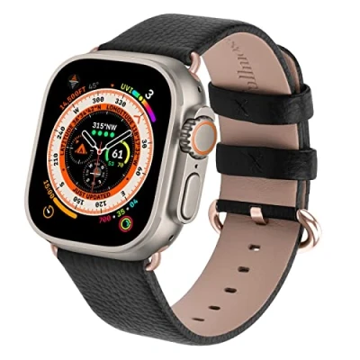 Abbildung von Fullmosa Kompatibel mit Apple Watch Armband 44mm 42mm 40mm 38mm, Lederband Ersatzband für Damen Herren, Klassische Leder Armbänder iWatch 9/8/7/6/SE/5/4/3/2/1 Schwarz + Roségold Hardware
