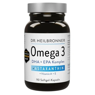 Abbildung von Dr. Heilbronner Omega 3 Astaxanthin Kapseln mit A &amp; Vitamin E in der Glasflasche I aus Algastin Oleoresin Alge Haematococcus Pluvialis 90 Gelatine