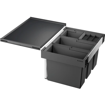 Abbildung von BLANCO FLEXON II 60/4 Abfall Müllsystem für 60 cm breite Unterschränke System zum Einbau in Schubladen 2 x 15l und 6l Eimer 1 Eimerdeckel Minimale Einbauhöhe: 355 mm