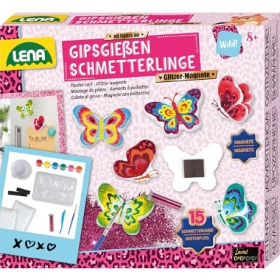 Abbildung von Lena 42707 Gipsgießen Set für 15 Glitter Schmetterling Magnete, Gussform Gipsfiguren mit 6 Butterfly Formen, Gips, Malfarben, Pinsel, Glitzer und Magnetstreifen, Bastelset Kinder ab Jahren, Mittel