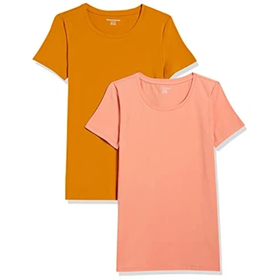 Abbildung von Amazon Essentials Damen Kurzärmeliges T Shirt mit Rundhalsausschnitt, Klassischer Schnitt, 2er Pack, Goldgelb/Korallenorange, S