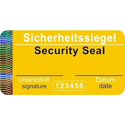 Abbildung von 60 Stück Sicherheits Siegel mit Seriennummer 48x25mm gelb, beschreibbar Sicherheitssiegel, Siegelaufkleber, Garantiesiegel Sicherheitsetiketten selbstklebendes Etikett Klebesiegel