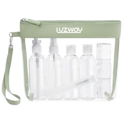 Abbildung von LUZWAY Kulturbeutel durchsichtig Flugzeug Beutel Flugzeugreiseset Transparenter mit 5 Sprühflaschen (max. 100 ml Fassungsvermögen) und 3 Flüssigkeitsbehältern (Avocado grün)