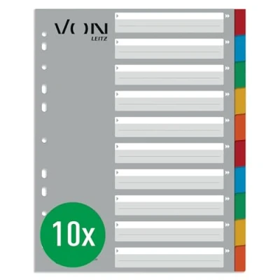 Abbildung von VON Leitz 10er Pack 10 teiliges Register A4 Überbreit, 100 % Recycling Karton, Blanko Registerkarten, 11 Loch Universalregister für Hefter &amp; Ringbücher, 12990000
