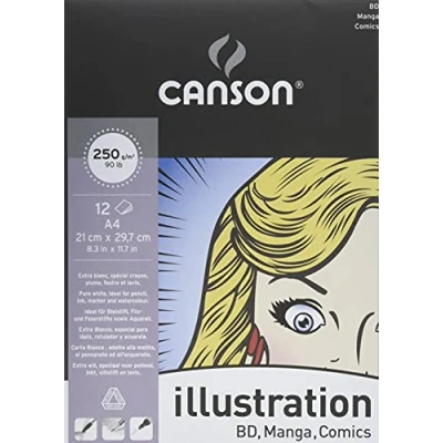 Abbildung von CANSON Illustration Manga, glattes Papier, 250 g/m², an der kurzen Seite geleimter Block, DIN A3, 29,7 x 42 cm, Weiß, 12 Blatt