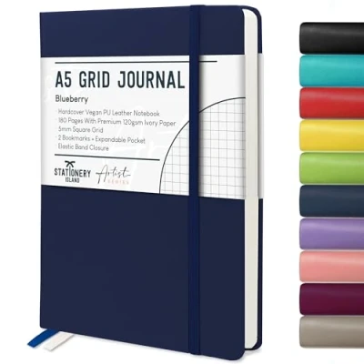 Abbildung von STATIONERY ISLAND Notizbuch a5 Kariert, Journal Hardcover mit 120 g/m² Dickem Papier, 180 Seiten Tagebuch, Notebook für Mädchen, Reisetagebuch, Planen, Lernen, Dunkelblau