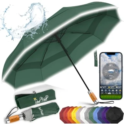 Abbildung von Royal Walk Regenschirm Taschenschirm Sturmfest Automatik Auf und Zu Winddichter Doppelverdeck Klein Stabil Schirm Reflektierend mit Luxuriösem Echtholzgriff für Damen Herren Umbrella
