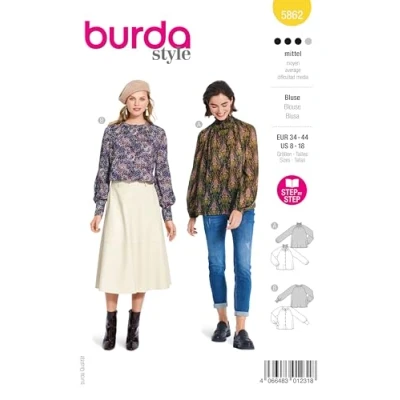 Abbildung von Burda Schnittmuster, 5862, Blusen selber nähen [Damen, Gr. 34 44] Level 3 für Fortgeschrittene
