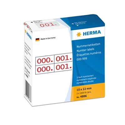 Abbildung von HERMA 4886 Nummernetiketten Zahlen 0 999, doppelt, 2000 Stück, 22 x 10 mm, selbstklebend, matt, 2fach fortlaufende Papier Zahlenetiketten Anlagenummern in Spenderbox, rot bedruckt
