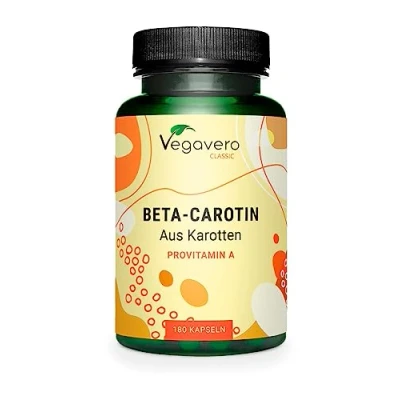 Abbildung von Beta Carotin Kapseln Preis Leistungs Sieger 2024* 100% natürlich aus Karotten Extrakt Bräunungskapseln Augen* Deutsche Produktion Vegavero® Laborgeprüft, vegan, ohne Zusätze 180
