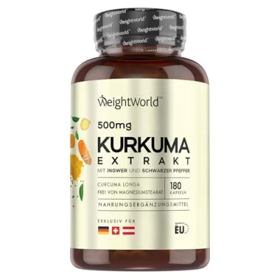 Abbildung von Kurkuma Extrakt Kapseln 500mg Curcuma 180 Stück für 6 Monate mit 20mg Ingwer &amp; 600mg schwarzem Pfeffer 1 Kapsel täglich Kurkumin WeightWorld