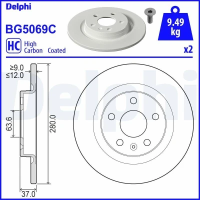 Abbildung von DELPHI BG5069C Bremsscheibe 280 12 5 voll beschichtet hochgekohlt mit Radlager, ohne ABS Sensorring VOLVO: XC40