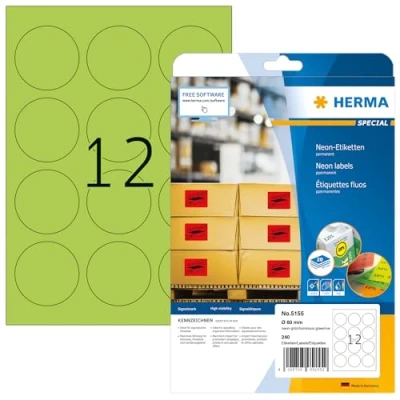 Abbildung von HERMA 5155 Farbige Etiketten rund Neon grün, 20 Blatt, Ø 60 mm, 12 pro A4 Bogen, 240 Stück, selbstklebend, bedruckbar, matt, blanko Papier Farbaufkleber