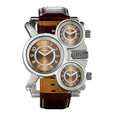 Abbildung von JewelryWe Vatertagsgeschenk Herren Einzigartig Übergroße Armbanduhr DREI Zeitzone Analog Quarz Uhr Sportuhr mit schwarz Leder Armband