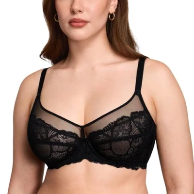 Abbildung von DOBREVA Damen Spitzen Minimizer BH mit Bügel Große Brüste Sexy Vollschalen Ungefüttert Schwarz 80C