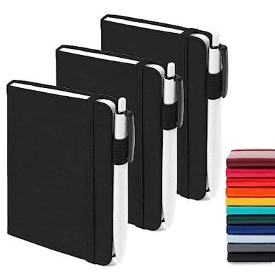 Abbildung von feela Notizbuch A6, 3 Stück Notizbücher Set, Journale Buch Bulk mit Gelstiften schwarz, 80 GSM, 112 Seiten, 8,89x13,97cm, Mini Notizblock Set geeignet für Büro und Schule, schwarzes Notizheft