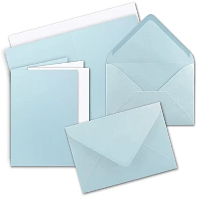 Abbildung von 10 x Faltkarten Set DIN A5 Hell Blau inkl. Umschlägen C5 und passenden Einlegeblättern in Weiß blanko Klappkarten 14,8 21 cm