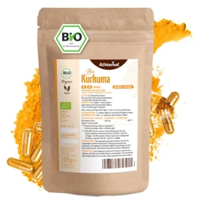 Abbildung von Kurkuma Kapseln Bio Nachfüllpack 400 Stück 4800mg pro Tagesdosis frisch gemahlene Kurkumawurzel in Qualität vegane Kapselhülle vom Achterhof