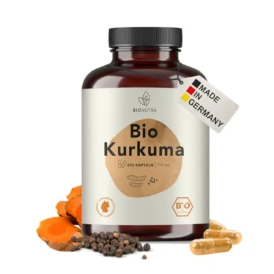 Abbildung von BIO Kurkuma Kapseln hochdosiert, 4500 mg Tagesdosis, schwarzer Pfeffer, rückstandskontrolliert, deutsche Herstellung, vegan, ohne Zusätze, Curcuma 270 x 750mg, BIONUTRA®