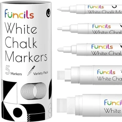 Abbildung von Funcils Kreidestifte weiß 5 Kreide Markers Multipack 1mm, 3mm, 6mm, 10mm, 15mm Spitze. für Fenster, Tafel, Glas und mehr. Geeignet Erwachsene, Künstler, Lehrer Kinder.