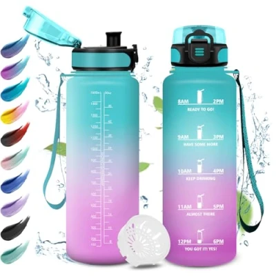 Abbildung von Trinkflasche 1.5L, Sport Wasserflasche mit Filter, Motivierende Zeitmarkierung, Auslaufsicher, für Camping, Radfahren, Fahhrad, Outdoor, Erwachsene
