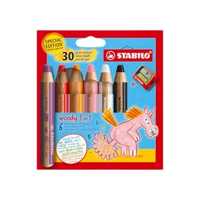 Abbildung von STABILO Buntstift, Wasserfarbe &amp; Wachsmalkreide woody 3 in 1 Jubiläumsedition Einhorn 6er Pack mit Spitzer 6 Farben