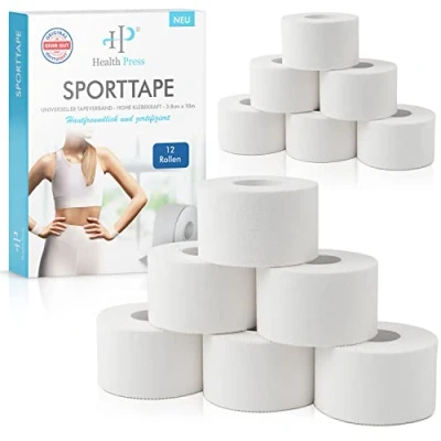 Abbildung von Health Press® Sporttape 12 Tape Rollen (3,8cm x 10m) weiß reißbares Profi Sport Tapeverband für alle Sportarten