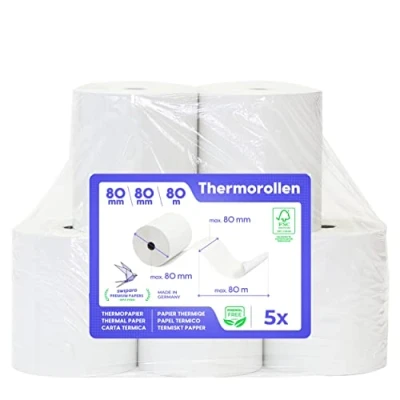 Abbildung von SWIPARO Thermorollen 80mm x 80m 12mm Kassenrollen Bonrollen zertifiziert für Registrierkasse mit Bondrucker Thermopapier 80x80x12 (5 Rollen)