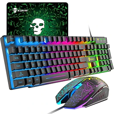 Abbildung von Kabelgebundenes mechanisches Gefühl Gaming Tastatur und Maus Set Regenbogen LED 104 Tasten USB beleuchtete 2400DPI 6 Optische Mäuse+Mauspads für PS4 Xbox PC Laptop Schwarz