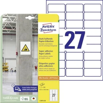 Abbildung von AVERY Zweckform L7874 20 stark haftende Etiketten (540 Aufkleber, 63,5x29,6mm auf A4, extrem selbstklebend, auch für schwierige Oberflächen, bedruckbare Power Klebeetiketten) Blatt, weiß