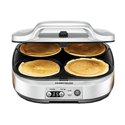 Abbildung von ROMMELSBACHER Pancake Maker PC 1800, 4 Backmulden à 13,5 cm Ø, Antihaftbeschichtung, 15 Minuten Zeitschaltuhr, automatische Abschaltung, 1800 Watt, silber