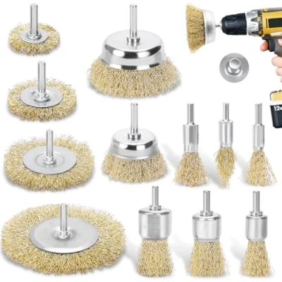 Abbildung von DazSpirit 12 teiliges Drahtbürste Bohrmaschine Set, Messingbeschichteter Stahlbürste Akkuschrauber und Messingbürste mit 1/4 Zoll topfbürsten Kit zum Entfernen von Rost/Korrosion/Farbe