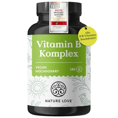Abbildung von NATURE LOVE® Vitamin B Komplex Hochdosiert: Mit 500 µg B12 180 Kapseln (6 Monate) alle 8 Vitamine (B1, B2, B3, B5, B6, B7, B9, B12) vegan, laborgeprüft und in Deutschland produziert