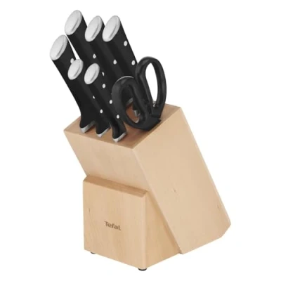 Abbildung von Tefal K232S7 Ice Force 8 tlg. Messerblock Set, 6 Messer, 1 Schere, Holz Messerblock, hochwertiger, deutscher Edelstahl, Technologie, korrosionsbeständig, Schwarz/Braun/Silber