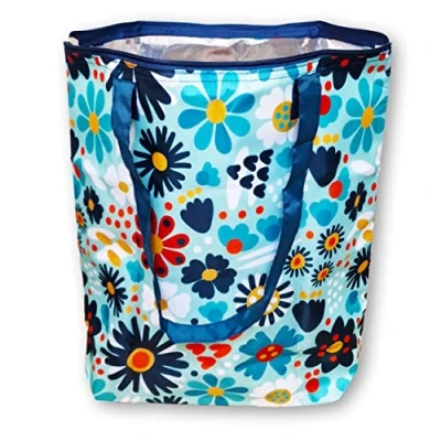 Abbildung von PromotionGift Wiederverwendbare Faltbare Kühltasche, Einkaufen, Strandtasche leicht und langlebig, mit Innenfutter aus Aluminium für perfekte Kühlfunktion 25L (Blue Daisy)